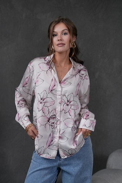 minaaise Cămașă de damă cu croială largă din satin cu model roz 27199