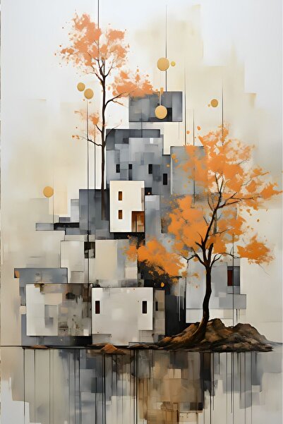 Harikabirev HARİKABİREV|TURUNCU-GRİ-SARI MİNİMAL BİNA  KOMBİNİ |PLEKSİ ÇERÇEVELİ MDF TABLO KRFZ