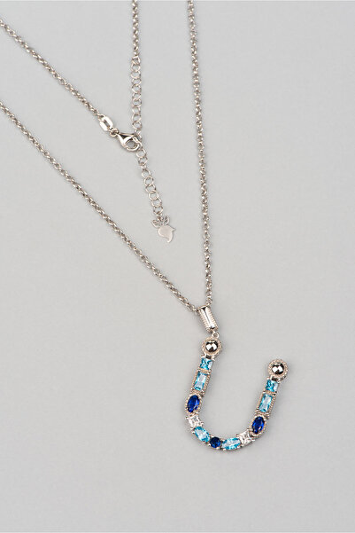 So CHIC... Ü Harfi Gökyüzü Renkli 18 Ayar Beyaz Altın Kaplama Gümüş Kolye