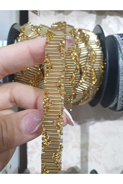 ESRA ŞELEM Gold Colored Stone and Bead Detailed Decorative Strip - Iron-On Clothing Accessory