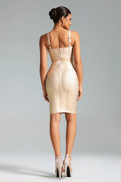FASHION COCKTAIL Gold Colored Antique Fabric - Thick Strap and Slim Fit Evening Dress Bandage Corset