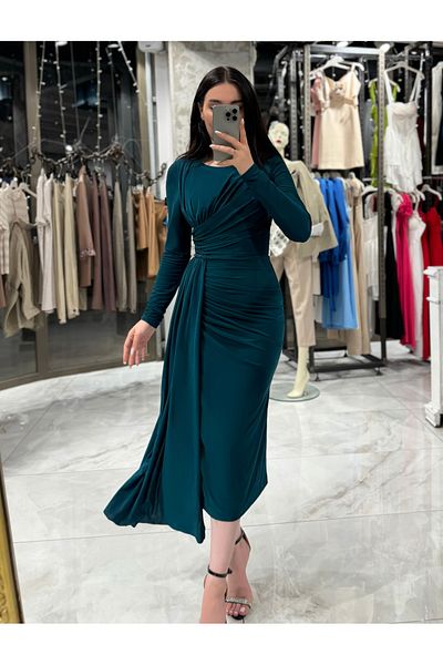 missswans Samira Emerald Midi Φόρεμα - Μακρύ μανίκι και στο πλάι