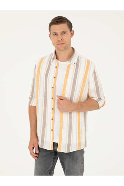 Cacharel Turuncu Slim Fit %100 Keten Gömlek 50265480-VR051