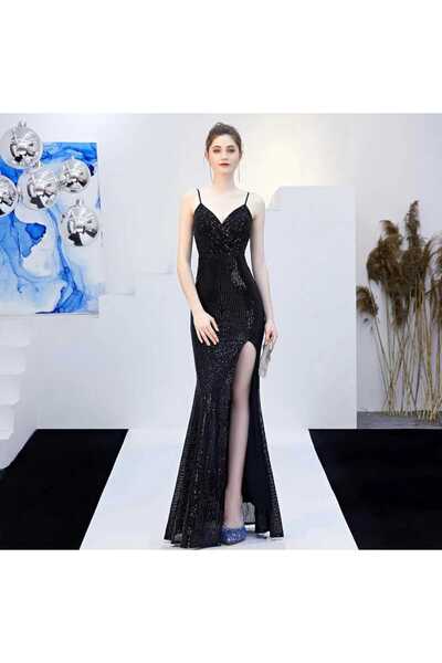 MODAS ASKILI KRUVAZE YAKA YIRTMAÇLI PUL PAYET ABİYE ELBİSE