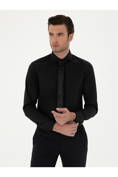 Cacharel Black Slim Fit Long Sleeve Basic Shirt 50270146 -Vr046