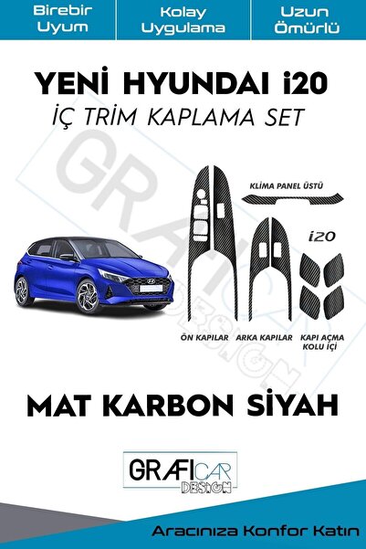 GRAFİCAR Yeni Hyundai I20 Iç Trim Folyo Kaplama Set/ Mat Karbon Siyah/ Ayna K...