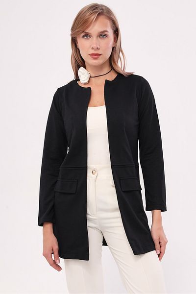 armonika Schwarze lange Damenjacke mit genähter Taille ARM-20K001021