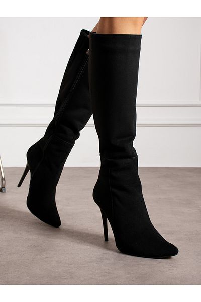 Alemdar Shoes LORETTA Cizme de damă cu toc subțire din piele intoarsa neagra sub genunchi