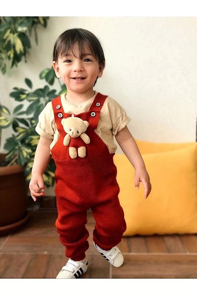Pijamayo Unisex Teddy Bear Detailed Adjustable Strap Knitwear Kids and Baby Salopet Jumpsuit