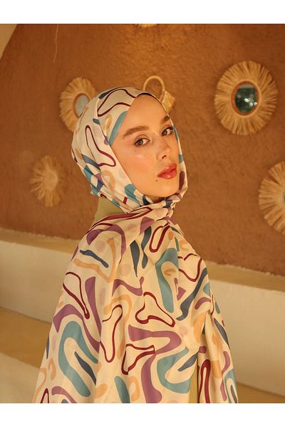AMİNENESİL Şal din bumbac Modaşmir Amineensil Bej Albastru Prune - Model abstract