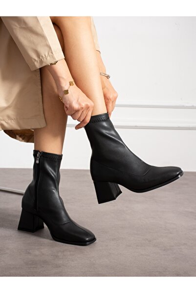 Alemdar Shoes ELEGANCE Siyah Streç Kalın Topuklu Kadın Bot