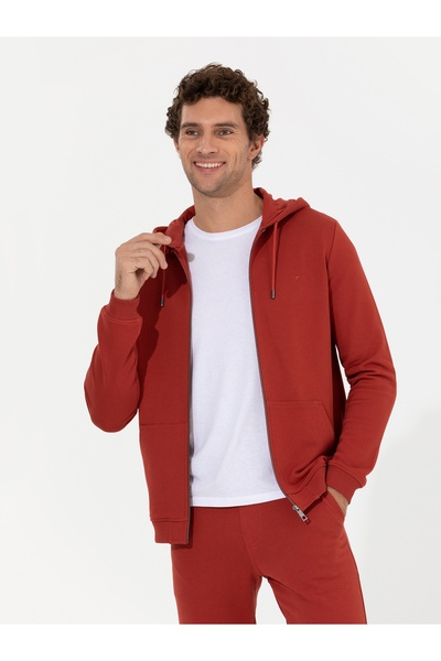 Cacharel Kiremit %100 Pamuk Tam Fermuarlı Kapüşonlu Sweatshirt 50257177-VR031