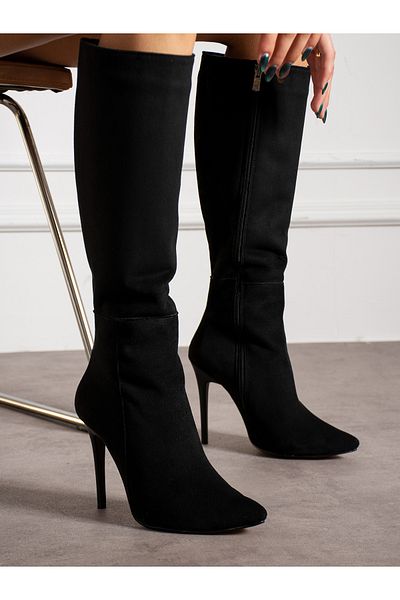 Alemdar Shoes LORETTA Cizme de damă cu toc subțire din piele intoarsa neagra sub genunchi