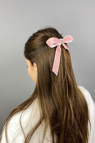 Limelia Pudra Kadife Kurdeleli Taşlı Fiyonklu Saç Tokası