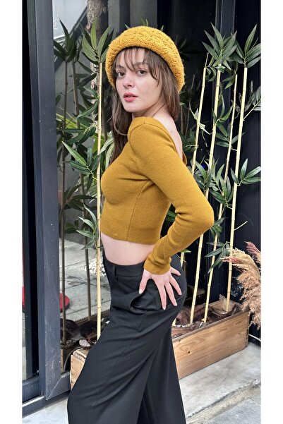 ayakuydur Kadın Hardal Sırt Detaylı Kazak