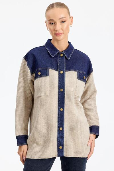 Tığ Triko Yakası Robası Kot Detaylı  Ceket BEJ