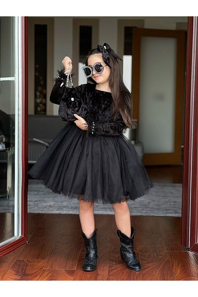 Bisahane Girl's Black Velvet Evening Dress with Bag and Buckle 2-12 Years