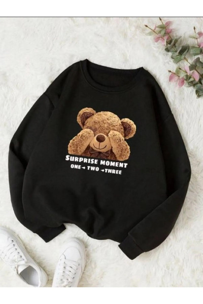 Jooy Company Shy Teddy Bear Printed Crew Neck Black Women's Sweatshirt