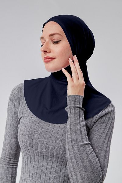 Sonbaharmoda Navy Blue Hijab Sports Neck Collar Hijab - Snap-On Bone Combed Fabric