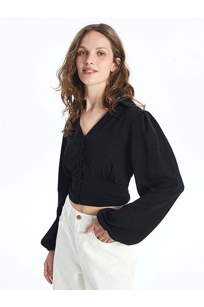 LC Waikiki Lw - Shirt Collar Solid Long Sleeve Women's Crop