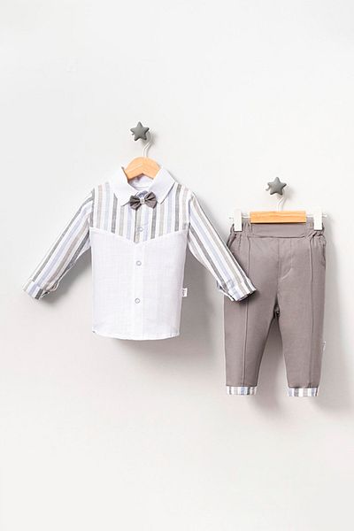 TRENDİMİZBİR Gray Striped Baby Boy Double Suit with Bow Tie