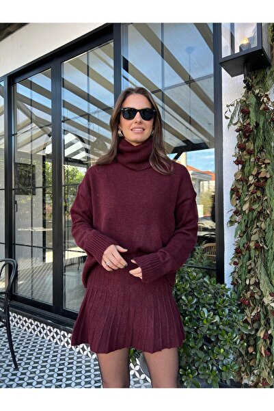 HAR MİN Damen-Strickset mit bordeauxrotem Faltenrock