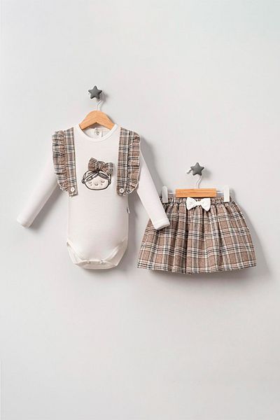 TRENDİMİZBİR Sweet Girl Baby Girl - Double Plaid Skirt Set, Brown