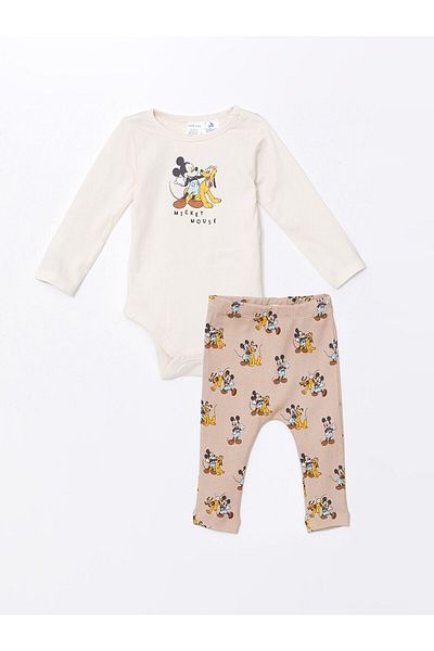 LC Waikiki Lw - Mickey Mouse vzorovaný kulatý výstřih s dlouhým rukávem Dětské body a legíny Set 2 kusů