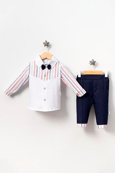 TRENDİMİZBİR Baby Boy Striped Bow Tie Double Suit Navy Blue