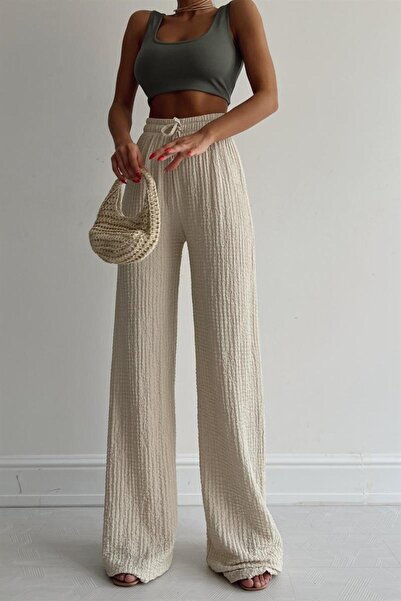 mylove بنطال فضفاض من القماش القطني بخصر مطاطي بلون الحجر