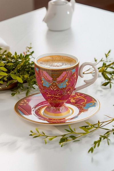 Jenisa Renaissance Pink Gold Detailed Baroque Patterned Porcelain Cup Set for 6 People