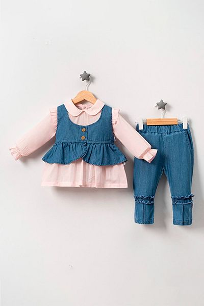 TRENDİMİZBİR Pink Baby Girl Denim Vest Triple Set