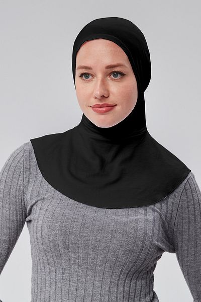 Sonbaharmoda Practical Sports Hijab with Neck Collar - Snap-On, Black Bonnet Combed Cotton