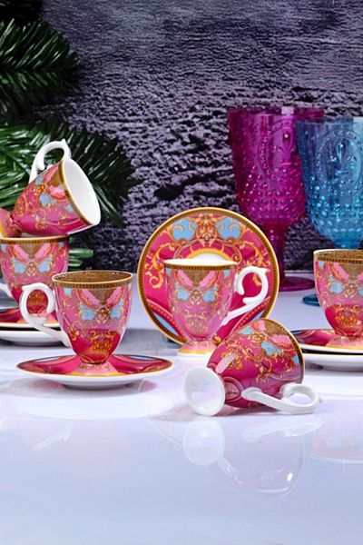 Jenisa Renaissance Pink Gold Detailed Baroque Patterned Porcelain Cup Set for 6 People