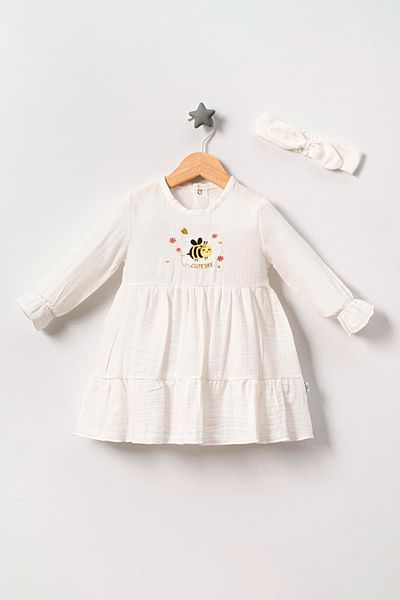 TRENDİMİZBİR White Muslin Dress - Baby Girl, Embroidered Bee Bandana