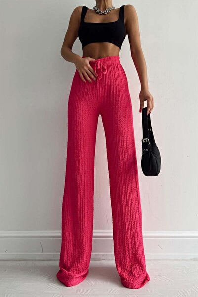 mylove فوشيا اللون مرونة الخصر النسيج القطني السراويل فضفاضة