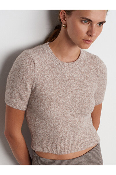 Dilvin 10651 Pulover din tricotaje moale Model Crew Neck - Maneca scurta, bej-gri M.