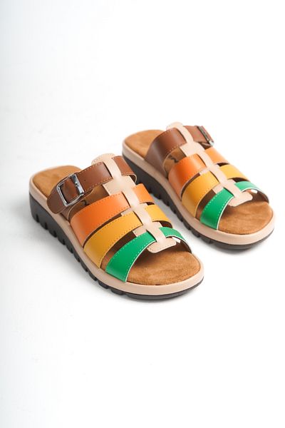 Taran Women's Sadie Multicolored Banded Buckle Detailed Gladiator Comfort Slippers