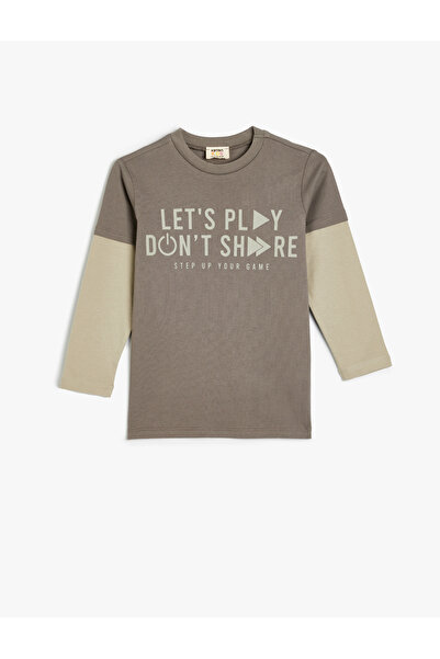 Koton Baumwoll-Langarm-T-Shirt mit Slogan-Aufdruck und Rundhalsausschnitt