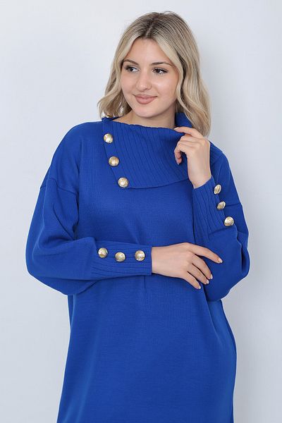 LUGMO Tricotaj Rochie lungă de damă guler cu nasturi Albastru
