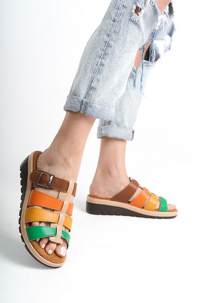 Taran Women's Sadie Multicolored Banded Buckle Detailed Gladiator Comfort Slippers
