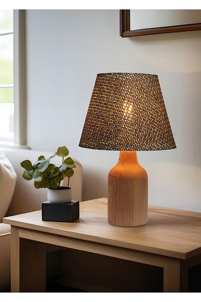 EFLIGHTDESIGN Wooden Lampshade Brown Wicker Pattern Modern Stylish Bedroom Living Room Table Lamp