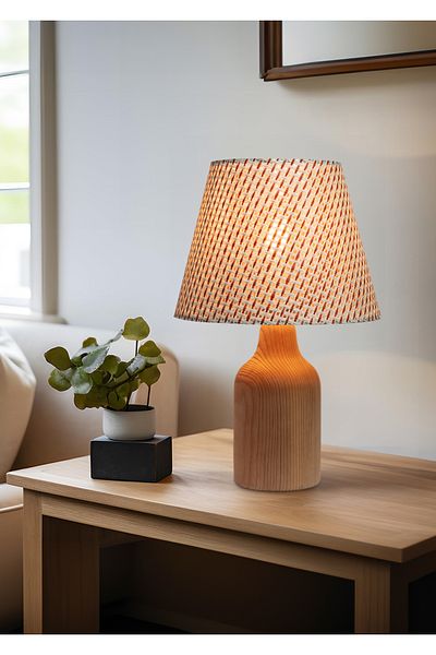 EFLIGHTDESIGN Wooden Lampshade Tile Wicker Pattern Modern Stylish Bedroom Living Room Table Lamp