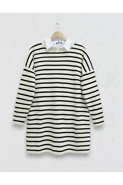 Modamorfo Crew Neck Side Striped Knitwear Tunic -Cream