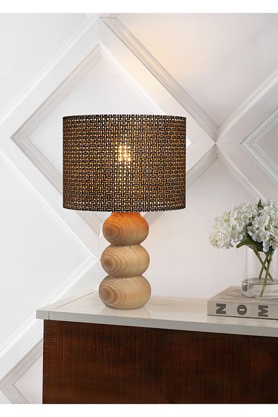 EFLIGHTDESIGN Wooden Lampshade Brown Wicker Pattern Modern Stylish Bedroom Living Room Table Lamp