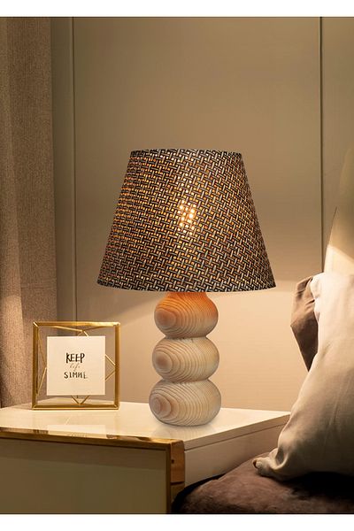 EFLIGHTDESIGN Wooden Lampshade Brown Wicker Pattern Modern Stylish Bedroom Living Room Table Lamp