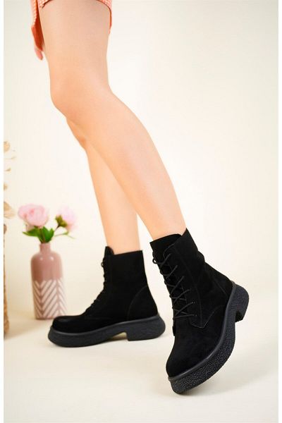 Birikon Lace-up Suede Μποτάκια Μαύρα