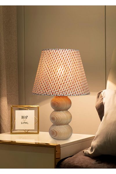 EFLIGHTDESIGN Wooden Lampshade Tile Wicker Pattern Modern Stylish Bedroom Living Room Table Lamp