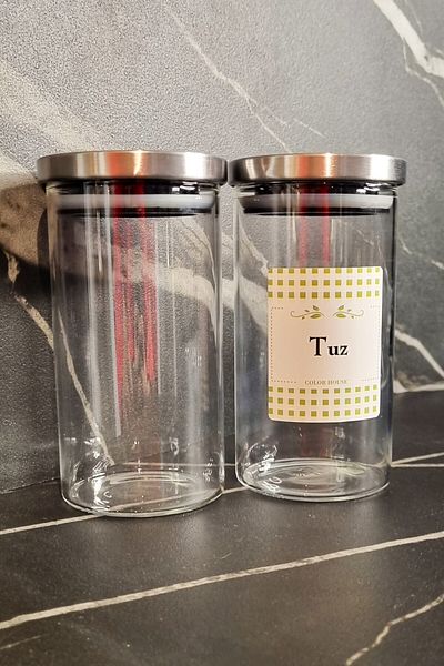 color house 2 Pieces Spice Jar Borosilicate (Glass) Steel Lid 300ml Round Jar and Spice Label