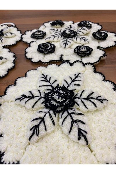 ONTİC Bath Loofah, Dowry, Gift Hand Knitted Black Flower Pattern Triple Set Bath Loofah